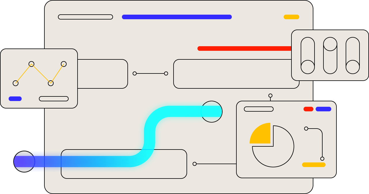 Abstract software interface illustration with connected analytical panels